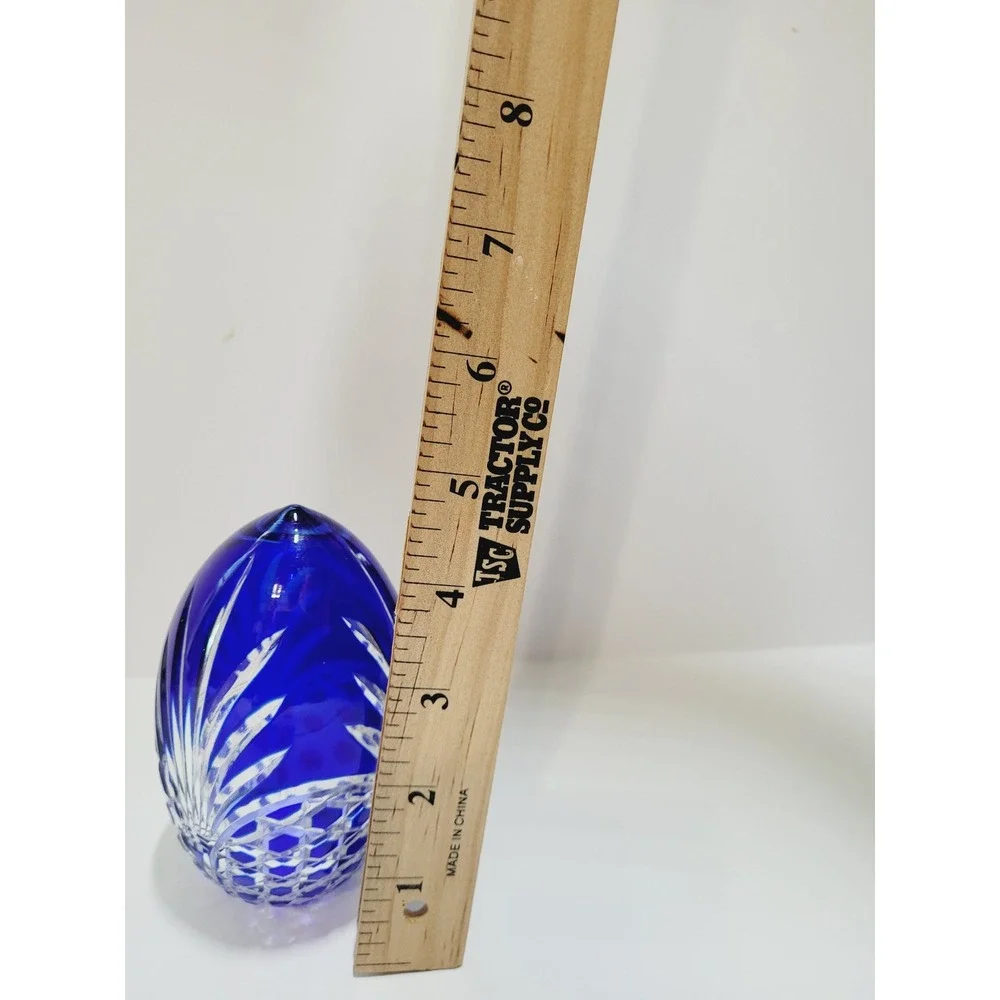Vtg Bohemian Cobalt Blue Cut to Clear Crystal Egg Paperweight Art Glass 4.25